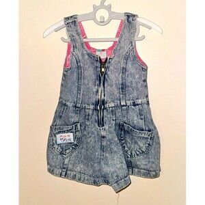 Vtg 80s 90s Popsicle Acid Wash Denim Romper Girls Size3T Neon Pink Trim Jumpsuit